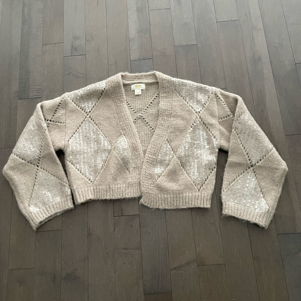 Maeve Tan Cardigan with Cropped V-Neck Design
